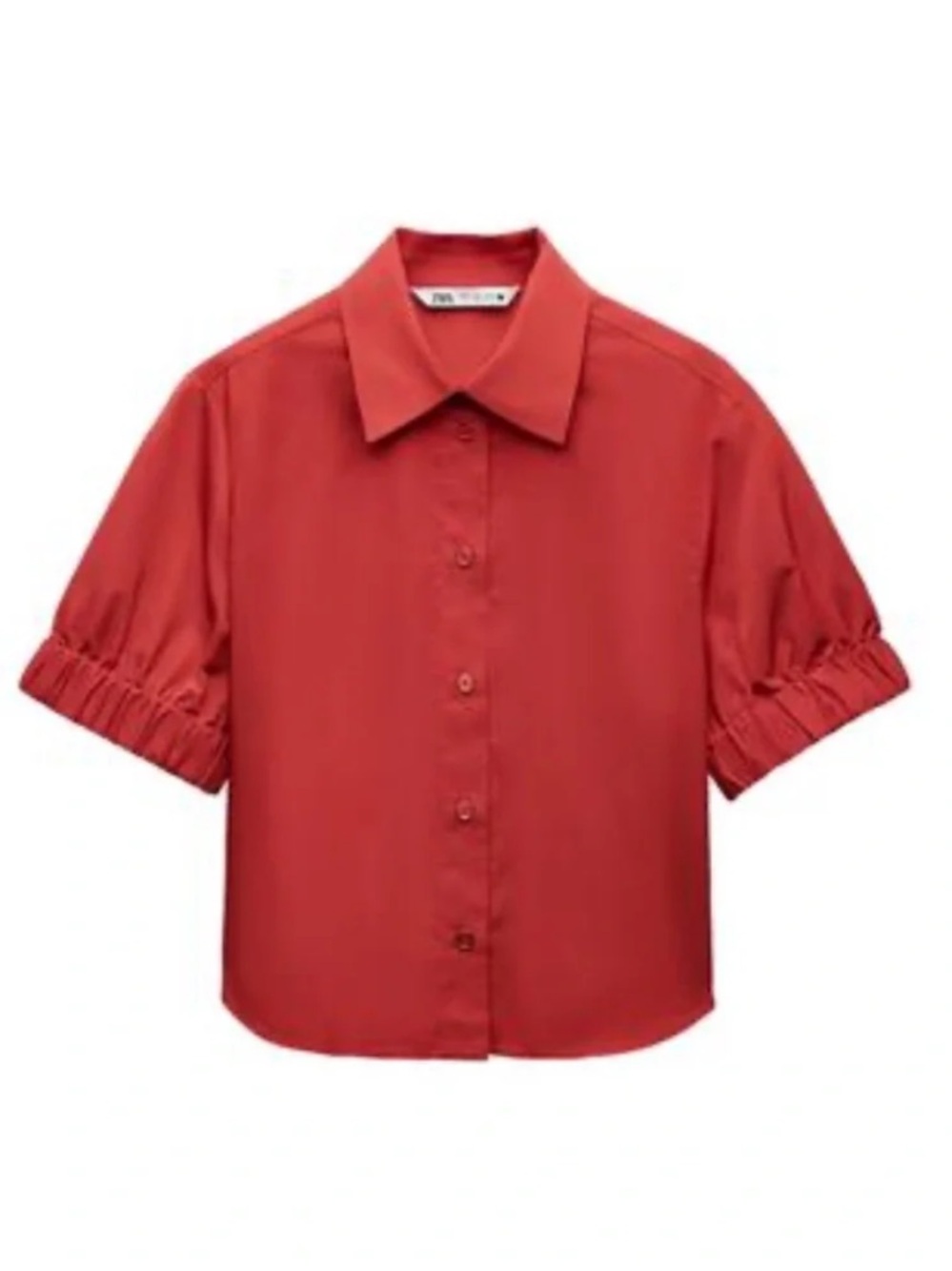 Zara Woman Red Short Sleeve Slightly Cropped Button-Down Shirt